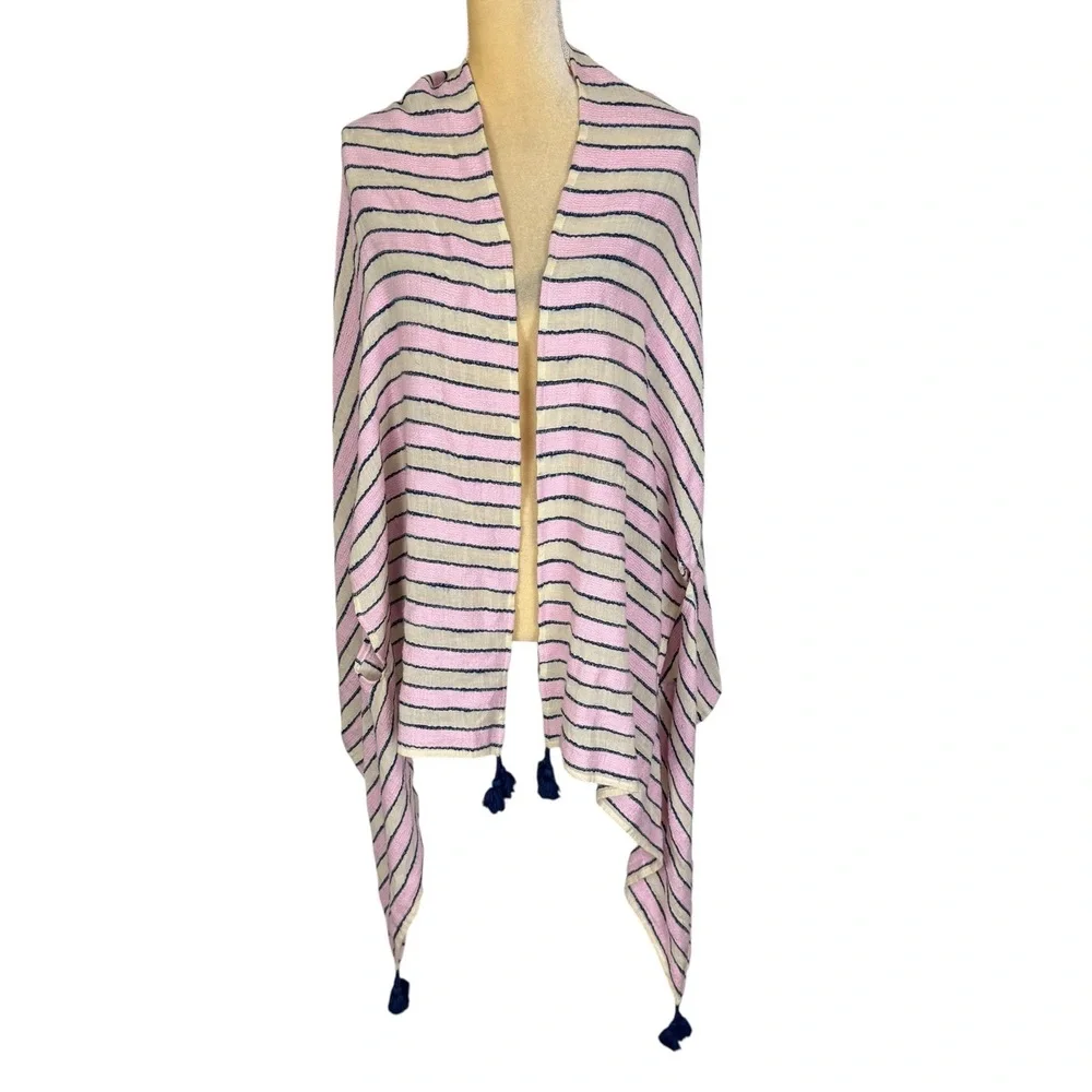 J.Crew Pink Striped Tassel Cotton Blend Cape‎ Wrap Scarf Swim Coverup One Size